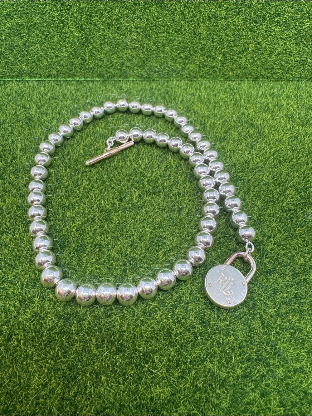 Ralph Lauren Silver Bead Necklace with Padlock Pendant